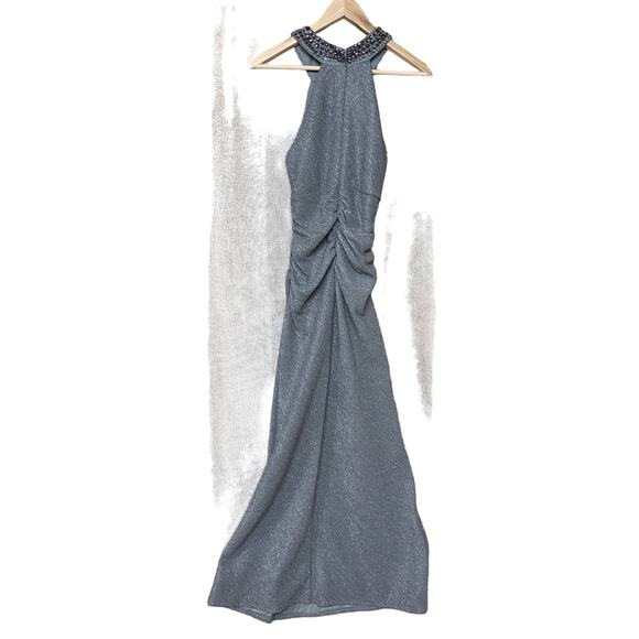 Cachet Beaded High Neck Mermaid Ruched Gray Silver Formal Prom Dress Women 6 - Picture 2 of 7